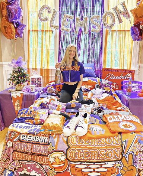 Clemson Bed Party, Clemson Graduation Party, Clemson University Aesthetic, College Reveal Ideas, College Reveal Party, Decision Day Ideas, College Decision Reveal, College Bed Decorating Party, Clemson Dorm