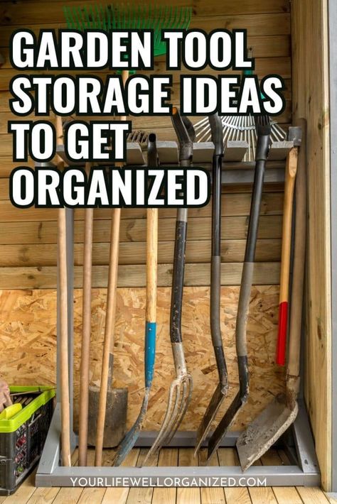 Are your garden tools a mess? Here are some garden tool storage ideas to make gardening your favorite chore. Diy Shovel And Rake Storage, How To Organize Garden Tools, Pallet Garden Tool Storage, Shovel And Rake Storage Ideas, Outdoor Garden Tool Storage Ideas, Free Standing Garden Tool Storage, Garden Power Tool Storage, Shovel Storage Ideas, Garage Yard Tool Storage Ideas