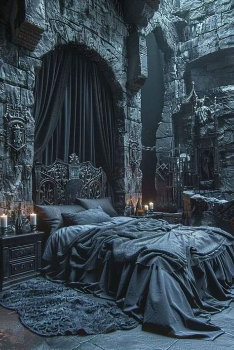 Fantasy Bedroom Design, Bedroom Design Elegant, Dark Fantasy Bedroom, Twilight Realm, Fantasy Bedroom Ideas, Gothic Interior Design, Sif Dark Souls, Mystical Decor, Royal Bedroom