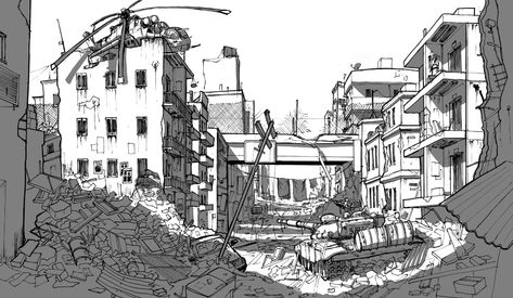 ArtStation - Zona de Guerra, Alan Sun Destroyed City Drawing Reference, Ruined City Drawing, Abandoned City Drawing, Destroyed City Art, Destroyed City Drawing, City Drawing Reference, Drawing Of A City, The City Drawing, Drawing Cities