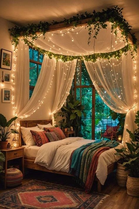 Fairy Light Canopy Bedroom, Boho Forest Bedroom, Boho Girly Bedroom, Rainbow Boho Room, Zen Room Ideas Bedrooms, Girls Bedroom Boho Chic, Bedroom Ideas Canopy Bed, Boho Studio Apartment Ideas, Boho Style Bedroom Decor