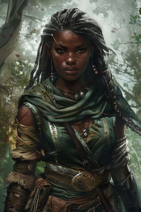 Black Wood Elf, Fantasy Tribe Art, Black Druid, Fantasy Tribe, Fantasy Ranger, Woman Archer, Female Elf, Black Cartoon Characters, Female Character Inspiration