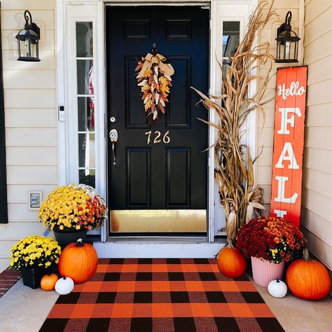 PRICES MAY VARY. 👍High Quality:Hand-woven buffalo plaid rug is made of fabric cotton, the thick cotton material is elegant and luxurious, durable and comfortable, a great outdoor rug. 🌈Seasonal Classic Design:Cute Outdoor Doormats to Welcome Fall,Refresh your front door with outdoor mats perfect for ushering in cooler temps and cozier vibes. ❤️Size And Care Instruction:The size of our fall door mat (27.5 x 43 Inches) fits any space. It perfect combination with the welcome door mat form a layer Buffalo Check Rug, Front Porch Rug, Porche Halloween, Porch Fall Decor, Check Rug, Halloween Front Doors, Halloween Front Porch Decor, Rug Cotton, Porch Rug