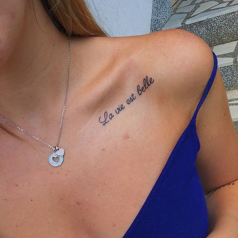 Shoulder Tattoo Quotes, Collar Bone Tattoo Quotes, Belle Tattoo, 50 Tattoo, Bone Tattoo, Meaningful Tattoo Quotes, Small Quote Tattoos, Quote Tattoos, Bone Tattoos