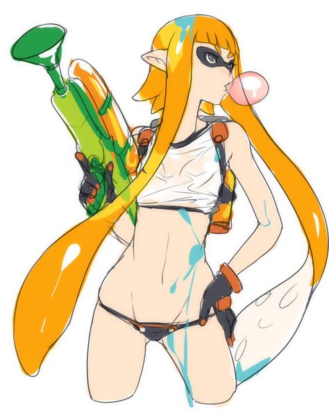 Inkling Splatoon Clothes, Blowing Bubblegum, Tentacle Hair, Super Soaker, Bubble Blowing, Splatoon 2 Art, Pointy Ears, Wet Clothes, Digital Painting Tutorials