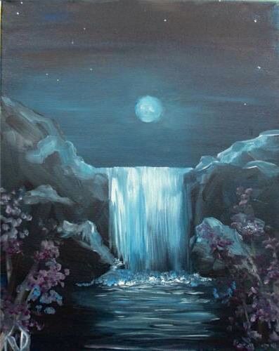 Moo fall Water Fall Painting Acrylic, Water Fall Painting Easy, Water Fall Drawing Easy, Water Fountain Painting, Paintings Of Waterfalls, Water Fall Painting Ideas, Easy Waterfall Painting, Painting Ideas For Kids Easy, Cherry Blossom Painting Acrylic