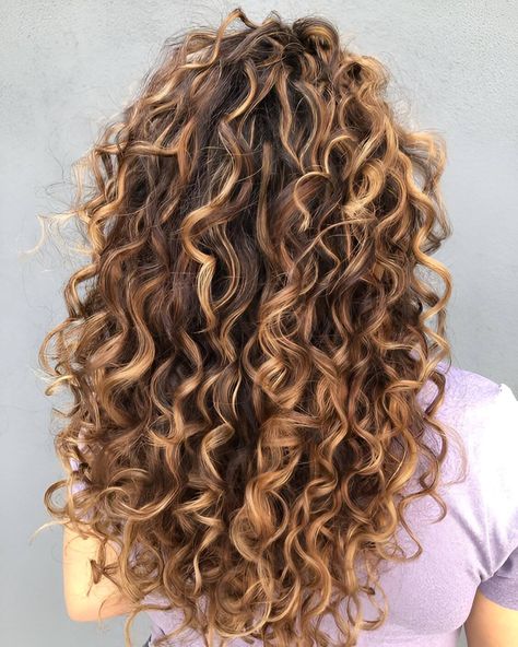 Highlights On Long Curly Hair, Light Brown Permed Hair, Curly Honey Highlights, Natural Curly Light Brown Hair, Honey Caramel Balayage Curly Hair, Curly Honey Brown Hair, Dirty Blonde Curly Hair With Highlights, Brown Curly Hair With Highlights Caramel, Highlights Brown Curly Hair