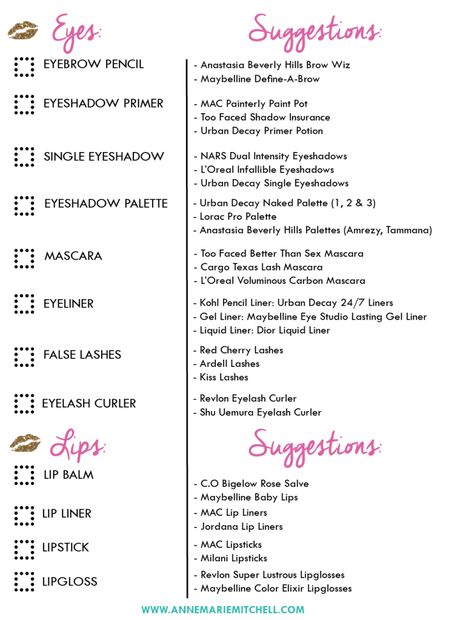 Anne Marie Mitchell  The Ultimate Makeup Kit Checklist  Free Printable Download Makeup Artist Kit Checklist, Bridal Makeup Checklist, Makeup Artist Checklist, Bridal Makeup Kit Products List, Bridal Makeup Kit List, Full Makeup Kit List, Makeup Checklist, Bridal Checklist, Bridal Makeup Kit