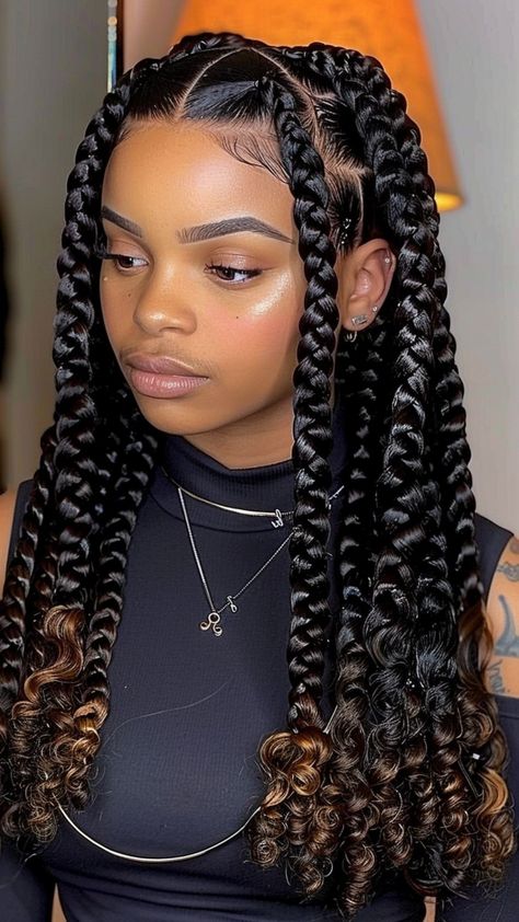 20 Box Braids Hairstyles with Curly Ends Unveiled Different Hair Braids Styles, African Braid Hairstyle, Jumbo Braid Styles For Black Women, Simple Box Braid Styles, Jumbo Braids With Curls At The End, Braided Hairstyles Individuals, Big Curly Braids, African American Braid Hairstyles, Bohemian Jumbo Braids