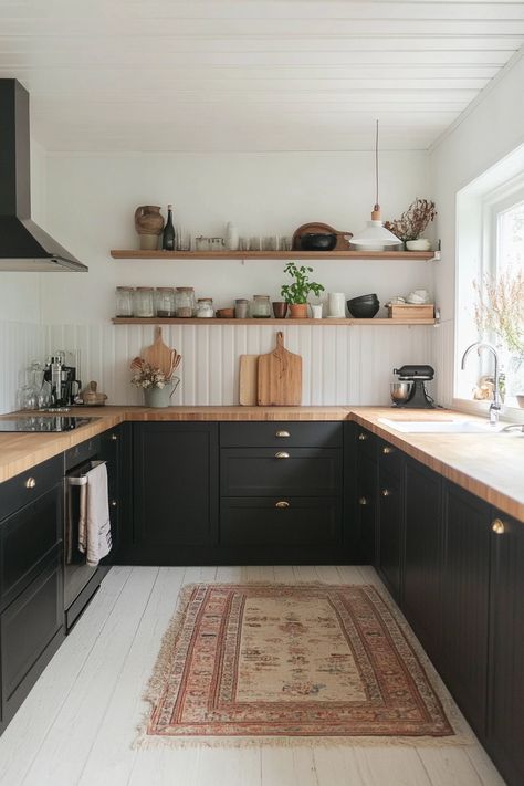 Simplicity Warm Moody Kitchen, Basement Small Kitchen Ideas, Small Dark Kitchen Ideas, Black Cupboards Kitchen, Moody Modern Farmhouse, Maximize Small Kitchen, Black Shaker Kitchen, Kitchen Cabinets Dark, Moody Minimalist