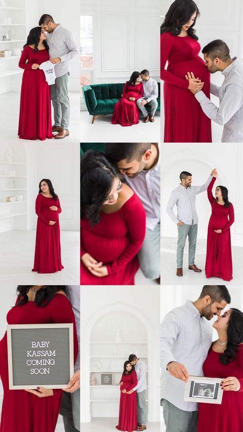 Maternity Indoor Photography Ideas, Maternity Room Ideas, Couples Maternity Photography Studio, Maternity Shoot Indian Photo Ideas, Maternity Shoot Indoor Studio, Maternity Couple Shoot Ideas, Maternity Photo Shoot Ideas Couples Indoor, Couple Maternity Photoshoot Ideas, Poses For Baby Shower Photoshoot