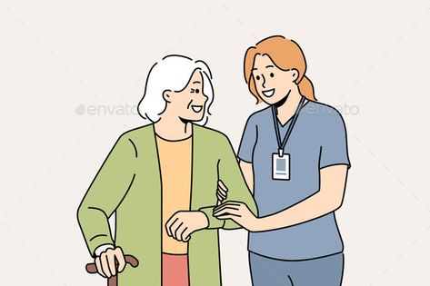 Caregiver Help Elderly Woman with Walking Nurse Drawing, Happy Nurse, Homecare Nursing, Smiling Female, Care Giver, Elderly Caregiver, Disney Art Style, Funny Cartoon Characters, Lettering Guide