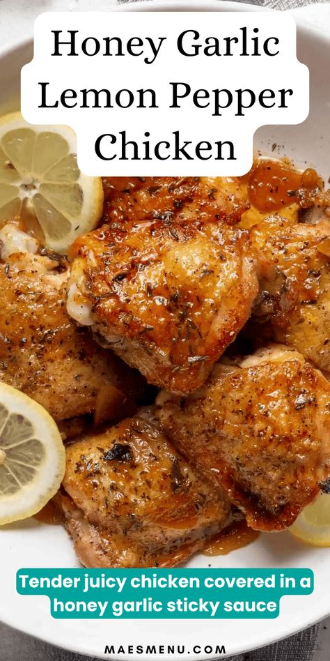 Try these irresistible Honey Garlic Lemon Pepper Chicken Thighs! Featuring tender and juicy chicken thighs glazed in a sweet and tangy sauce made with honey, lemon, and garlic. Perfect for an easy weeknight dinner, that’s absoultely divine and full of flavor. Serve this mouthwatering spring dinner recipe with a side of rice or pasta for a meal that's sure to impress. #springdinnerrecipes #chickenrecipes #easyweeknightmeals Honey Garlic Lemon Pepper Chicken Thighs, Honey Garlic Chicken Thigh Recipes, Honey Garlic Lemon Pepper Chicken, Chicken Thigh And Rice Recipe, Lemon Pepper Chicken Thighs, Honey Pepper Chicken, Garlic Lemon Chicken, Lemon Garlic Chicken Thighs, Garlic Ginger Chicken