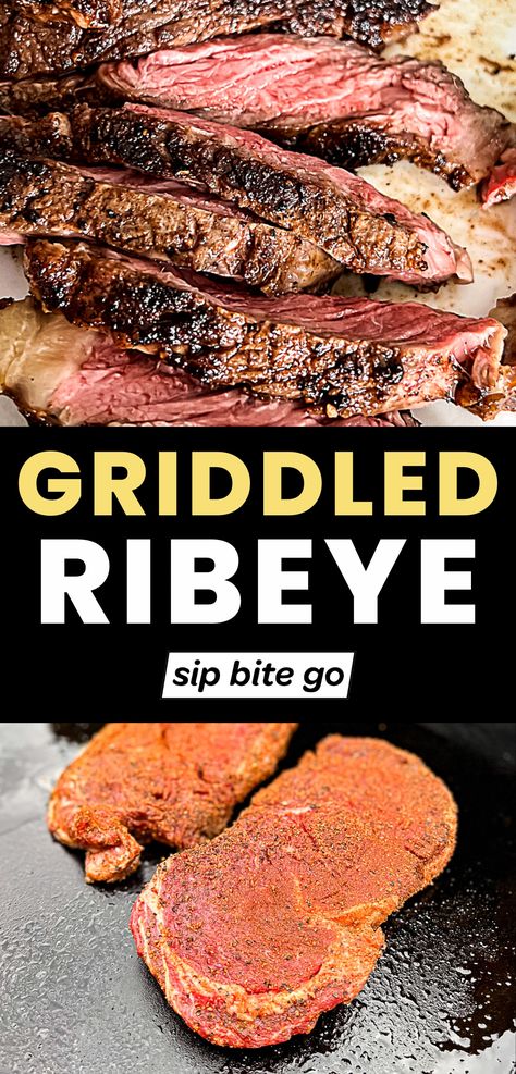 Griddled Ribeye Steaks recipe cooking on the Traeger Flatrock Grill with text overlay and Sip Bite Go logo Griddle Steak Recipes, Traeger Flatrock Recipes, Blackstone Meals, Griddle Cooking Recipes, Traeger Grill Recipes, Ribeye Steak Recipes, Grill Ideas, Blackstone Grill, Griddle Recipes