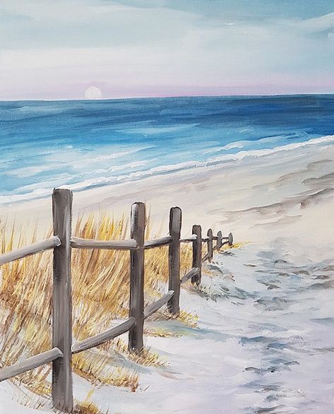 Watercolor Woods Painting, Beach Artwork Painting, Paint Night Ideas, Seascape Drawing, Beach Scene Painting, Painting On Canvas For Beginners, Beach Art Painting, Paint Parties, Canvas For Beginners