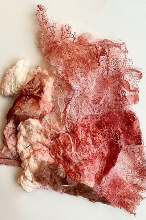 Highly textured pink, white, and red materials have been layered. Textiles Mixed Media, Decay Art, Textiles Sketchbook, A Level Textiles, Growth And Decay, Mixed Media Textiles, Design Journal, Paper Pulp, Textiles Projects