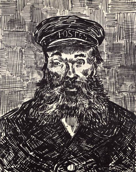 Vincent van Gogh🌻 Portrait of the Postman Joseph Roulin  August 1888, Arles Pen and ink, 318 x 243 mm J. Paul Getty Museum, Los Angeles Van Gogh Drawings, Theo Van Gogh, Vincent Willem Van Gogh, The Postman, Master Drawing, Arte Van Gogh, Getty Museum, Art Van, Van Gogh Art