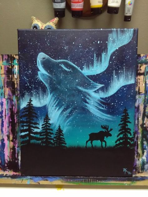 Wolf Oil Pastel Art, Fantasy Painting Ideas Easy, Manly Painting, Fantasy Painting Easy, Wolf Painting Acrylic Easy, Easy Acrilyc Painting Ideas, Acrylic Painting Projects, Painting Ideas Inspiration, Mystical Paintings