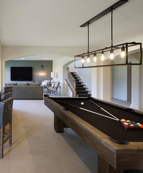 Arsitektur Art Deco, Tiny House Living Room, Wohne Im Tiny House, Pool Table Room, Transitional Interiors, Game Room Basement, Small Basements, Basement Makeover, Pool Table Lighting