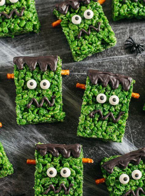 Frankenstein Rice Krispie Treats Frankenstein Rice Krispie Treats, Halloween Rice Krispie Treats, Kids Party Snacks, Monster Treats, Halloween Food Appetizers, Easy Halloween Party, Halloween Party Snacks, Krispy Treats, Cereal Treats