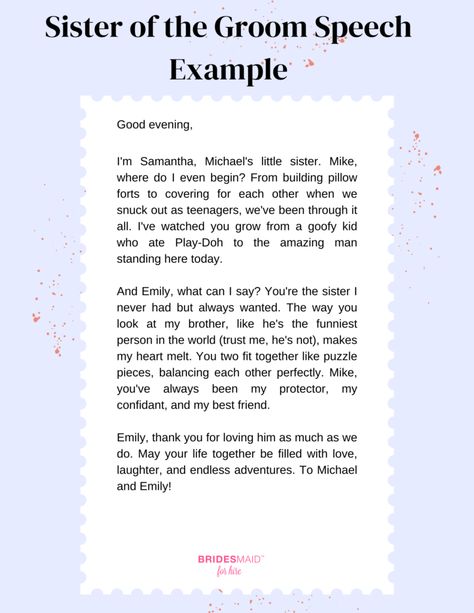 Sister of the Groom Speech: Tips and Examples - Bridesmaid For Hire Sister Of Groom Speech, Wedding Speech For Brother From Sister, Groom Duties, Grooms Sister, Groom Speech Examples, Speech Tips, Newlywed Card, Groom's Speech, Sister Of The Groom