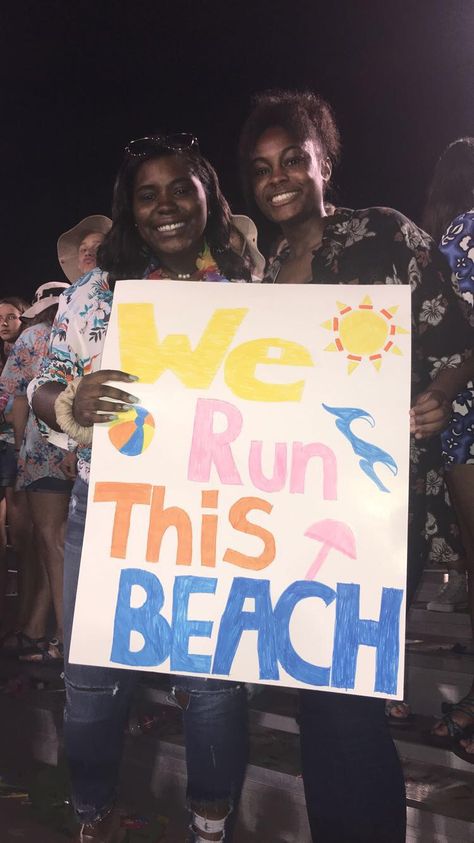 Student Section- Beach Theme- FNL Beach Theme Student Section, Beach Theme Fnl, White Out Student Section, Student Section Ideas, Football Game Signs, School Spirit Ideas Pep Rally, Cheerleading Signs, Spirit Week Themes, Spirit Posters