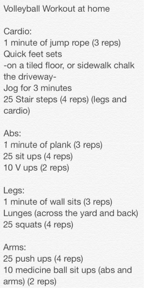 Volleyball workouts for home This is only a tiny bit of what we used to do in high school for summer workouts.  For five days a week it would be  Day 1: Cardio  Day 2: Abs Day 3: Legs Day 4: Arms (plus ball handling)  And Day 5 would be one work out from each day.  It used to be killer, but once we saw results and how in shape we were it was totally worth the pain Libero Training, Volleyball Conditioning, Workouts For Home, Volleyball Ideas, Volleyball Memes, Volleyball Skills, Ab Day, Cardio At Home, Volleyball Tips