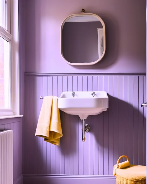 Who said that bathrooms should be a boring place? Well, not us. 🙅🏻 Go ahead now, colour drench that bathroom of yours – you know it needs some extra love. Plus, rules are for people with no imagination anyway, so you might as well follow your own creative spark and transform this often neglected space however you want. 🎨 And yes, you can start with our Joyful Lilac. We don’t need to say much, this photo speaks for itself. Let. There. Be. Joy. Everywhere. 💜 #DifferentFeelsGood #YesC... Purple Downstairs Toilet, Purple Hallway, Pnw House, Lilac Bathroom, Lilac Walls, Bathroom Colours, Purple Bathrooms, Toilet Door, Downstairs Toilet