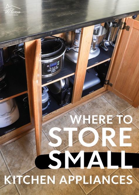 Small appliances can be tricky to store with their various sizes, attachments, cords, and more! Check out these smart and easy ideas for storing small kitchen appliances inside your kitchen cabinets! Small Kitchen Appliance Organization, Garage Appliance Storage, Small Appliance Storage Ideas Pantry, Storing Small Kitchen Appliances, Kitchen Electronics Storage, Cabinet For Appliances, Appliance Storage Pantry, Pantry Appliance Storage, Storing Kitchen Appliances