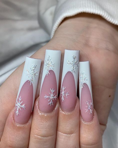 Winter Nails Acrylic, Snowflake Nails, Long Acrylic Nails Coffin, Christmas Nails Acrylic, White Nail, Acrylic Nails Coffin Short, Nagel Inspo, Pink Acrylic Nails, Xmas Nails