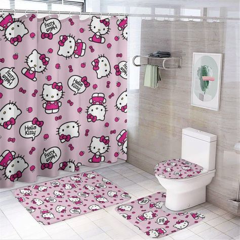 PRICES MAY VARY. High quality material: Our shower curtain is made of oxford cloth which is waterproof effect. The bathroom mat is made of coral fleece. It is comfortable, nontoxic and colorfast, soft and comfortable to touch, and very waterproof and durable. Dimensions: Waterproof shower curtain 72" X 72", thickened bathroom mat 29.1" X 17.5", o-toilet cover: 17.7" X" 13.4 ", U-shaped carpet: 17.3" X 14 ", suitable for most standard bathrooms. Easy to install: We offer you 12 solid hooks for fr Kawaii Bathroom, Hello Kitty Bathroom, Bathroom Curtain Set, Cat Shower Curtain, Bathroom Shower Curtain Sets, Decor Baie, Toilet Lid Cover, Toilet Covers, Toilet Seat Cover