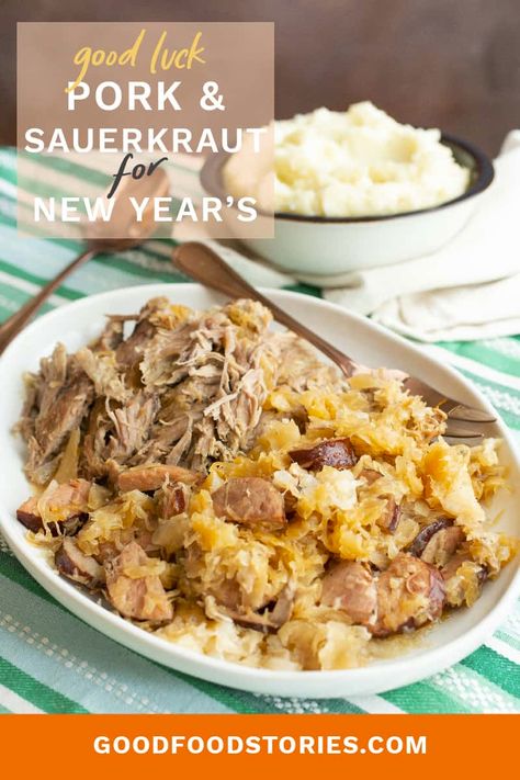 Good luck pork and sauerkraut is usually served on New Year's Day. Find out why this German and Eastern European tradition persists (hint: it's delicious!). #porkandsauerkraut #goodluck #newyearsday #newyearseve #slowcooker #crockpot Crockpot Pork And Sauerkraut, Rolled Pork Roast, Pork And Sauerkraut Recipe, Pork Roast And Sauerkraut, Pork Chops And Sauerkraut, Pork And Sauerkraut, New Years Day Meal, Pork Roast In Oven, Slow Cooker Pork Chops