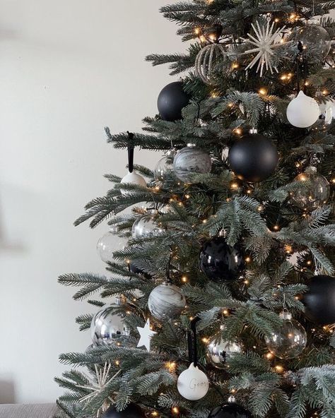 Dark Grey Christmas Tree, Black Ornament Christmas Tree, Black And Grey Christmas Tree, Monochrome Christmas Tree, Tree With Black Ornaments, Black Ornaments Christmas Tree, All Black Christmas, Black Xmas Tree, Black Christmas Ornaments