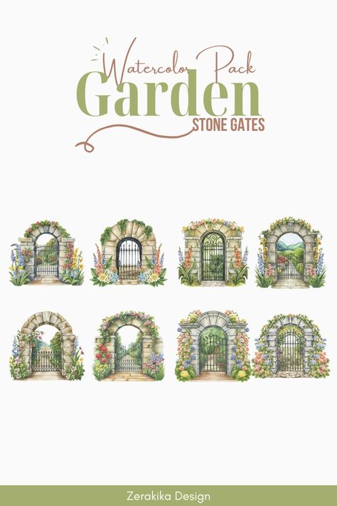 Garden Gates Watercolor Pack - Zerakika from Kaleidokika's Ko-fi Shop - Ko-fi ❤️ Where creators get support from fans through donations, memberships, shop sales and more! The original 'Buy Me a Coffee' Page. Gate Watercolor, Fruit Clipart, Castle Gate, Watercolor Border, Watercolor Fruit, Stone Garden, Fall Garden, Wedding Clipart, Wreath Watercolor