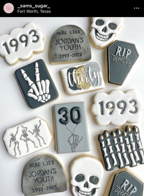 Rip 50th Birthday Party, 30 Year Old Birthday Theme, Rip 20s Birthday Theme, Rip 20s Birthday Party Games, 30th Birthday Ideas For Women Halloween, Rip 20s 30th Birthday Party, Rip 20s Birthday Cookies, What To Do For 30th Birthday, Spooky 30th Birthday