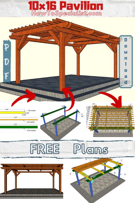 This step by step tutorial is about how to build a 10x16 pergola. The free plans come with step by step 3D diagrams and instructions. Full Cut & Shopping lists included. PDF download and Print Friendly. #pergola #gardenpergola #10x16pergola Free Standing Pergola, How To Build Steps, Wooden Gazebo, Diy Playground, Outdoor Pavilion, Building A Pergola, Wood Pergola, Backyard Pergola, Pergola Plans