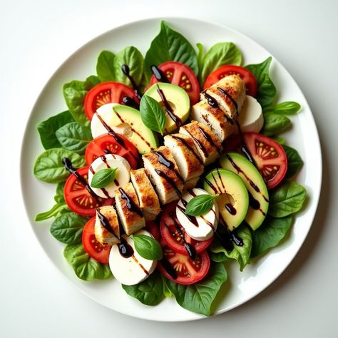 Chicken Avocado Caprese Salad Avocado Caprese Salad, Chicken Avocado Caprese, Grilled Chicken Strips, Grilled Chicken Tenders, Marinating Chicken Breast, Balsamic Reduction, Avocado Chicken Salad, Chicken Avocado, Food History