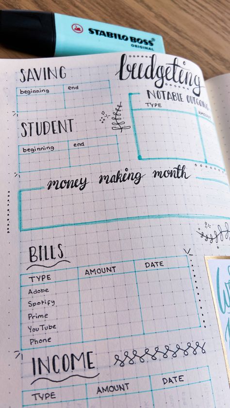 White notebook with blue calligraphy writing on it to track money, finance and bills in your bullet journal Bullet Journal Finances, Financial Bullet Journal, Bujo Finance Tracker, Bullet Journal Topics, Finance Bullet Journal, Bullet Journal August, Bullet Journal Budget, Journal Organization, Bullet Journal Key