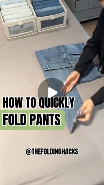 Folding Slacks Pants, Fastest Way To Fold Clothes, Folding Of Clothes, Pant Folding Trick, Folding Jeans Hack, How To Fold Your Jeans, How To Fold Trousers For Packing, How To Fold Jeans For Packing, Cloths Folding For Travel