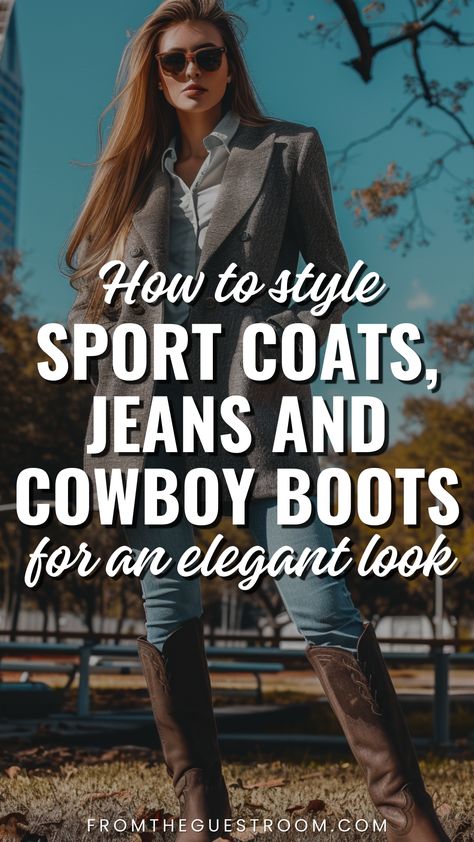 a woman wears sport coat, jeans and cowboy boots, western outfits Ranch Boots For Women, Casual Outfits With Cowgirl Boots, Cowboy Boots Outfit Casual, Casual Country Outfit, Boots Outfit Street Style, Sport Coat With Jeans, Boots Outfit Casual, Modern Cowgirl Outfits, Women Coat Outfit