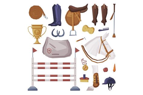 Equestrian Sport Equipment Set, Horse Riding Essentials and Grooming Tools Vector Illustration Isolated on White Background. Horse Riding Equipment, English Horse Tack, Sport Equipment, English Horse, Horse Equipment, Tack Sets, Equestrian Sports, Riding Outfit, Grooming Tools