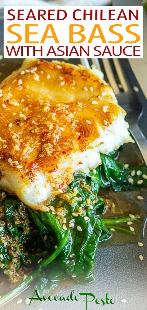 Sea Bass Recipes Healthy, Sea Bass Fillet Recipes, Seared Chilean Sea Bass Recipe, Gluten Free Shrimp Recipes, Sesame Spinach, Vietnamese Sauce, Chilean Sea Bass Recipe, Bass Recipes, Asian Sauce Recipes