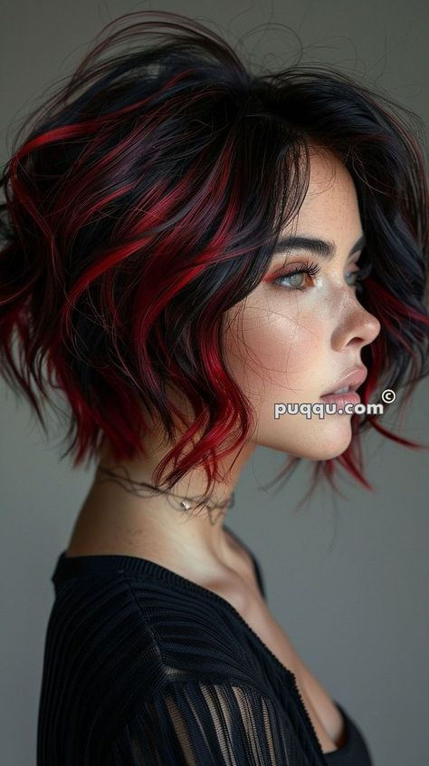 Black And Red Short Hair, Black Roots Red Hair, Halo Hair Colors, Black Hair With Red, Hair With Red Highlights, Black Hair With Red Highlights, Shadow Hair, Edgy Vibes, Black Red Hair