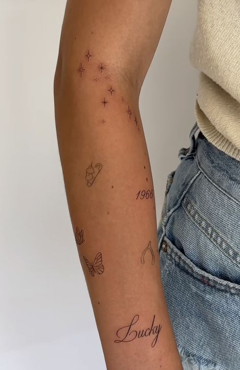 Patch Sleeve Tattoo Women Minimal, Dainty Sticker Sleeve, How Lucky Are We Tattoo, Emma Chamberlain Tattoo, Imagination Tattoo, Golden Tattoo, Beautiful Spine Tattoos, Hosting Party, Word Tattoo Ideas