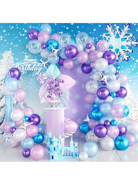 Balloon Garland Kit, Blue Color Metallic Balloon Snowflake Design, Ideal For Birthday Party, Baby Shower, Wedding Decoration, 1 Set Multicolor    Latex     Event & Party Supplies, size features are:Bust: ,Length: ,Sleeve Length: Frozen Theme Party Decorations, Winter Party Decorations, Frozen Theme Party, Purple Balloons, Metallic Balloons, Snowflake Design, Balloon Flowers, Frozen Birthday Party, Blue Snowflakes