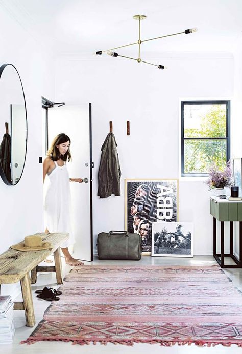 This bachelor pad makeover ticks all the boxes, thanks to the owner’s interior designer friend. Wall Nook, Cowhide Cushions, Timber Shelves, Mcm House, Bachelor Pad, Two Bedroom Apartments, Entry Way, Australian Homes, Barn Style