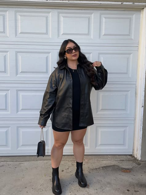 Midsize Outfits All Black, Midsize Birthday Outfits Winter, Black Dress Black Leather Jacket, Concert Outfits For The Weeknd, All Black Outfits For Women Midsize, Oversized Leather Shacket Outfit, Oversized Leather Jacket With Dress, 25th Birthday Outfit Ideas Plus Size, Leather Jacket Outfits Women Plus Size