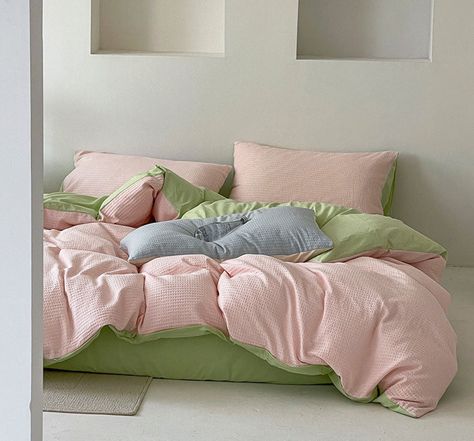 Duo Waffle Bedding Set Light Green + Pink / Small Fitted Block Bedrooms, Pink And Green Apartment, Waffle Bedding, Cool Bedding, Classic Duvet Covers, Stylish Bedding, Girl Apartment, Green Apartment, Apartment Vibes