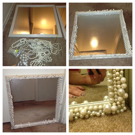 My DIY pearl mirror. Found the mirror in my laundry room. Bought the pearls at a swap meet for $8. This will be for my make up station in the new house Pearl Mirror, Diy Vanity, Pearls Diy, Diy Mirror, Dollar Tree Diy, Do It Yourself, Decor Project, Home Deco, Home Projects