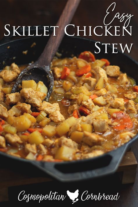 Chicken Stew Cozy Cook, Stewed Potatoes Recipe, Chicken And Potato Skillet Recipes, Chicken Stew Recipe Stove Top, Cast Iron Skillet Recipes Chicken, Stew Recipes Stove Top, Chicken And Potatoes Skillet, Iron Meals, Stove Top Chicken Breast